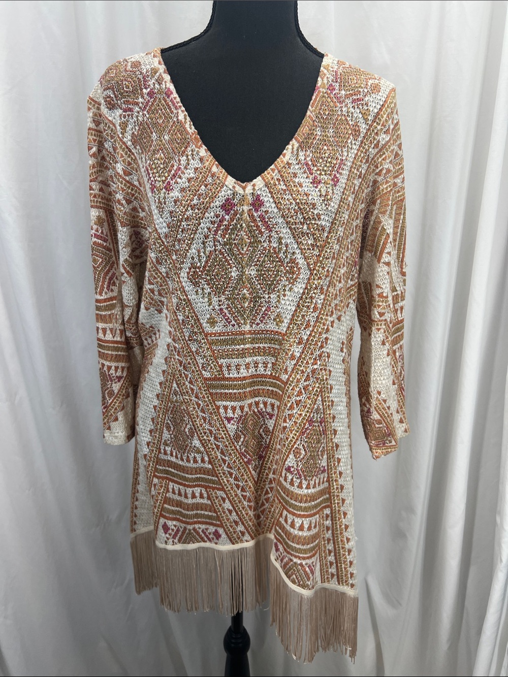Reba Women’s XL Dress Tunic Woven V-Neck Fringe Tunic Autumnal Bohemian